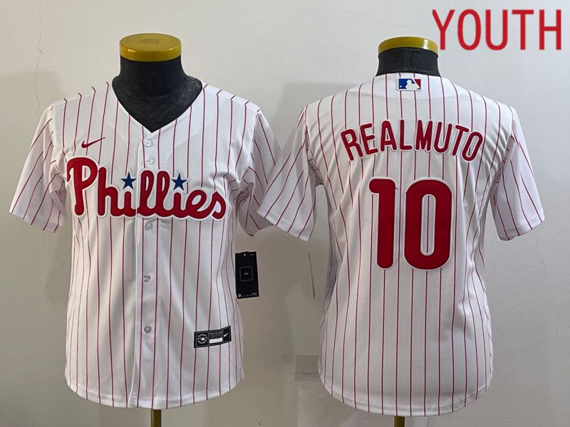 Youth Philadelphia Phillies #10 Realmuto White Stripe Game Nike 2022 MLB Jersey